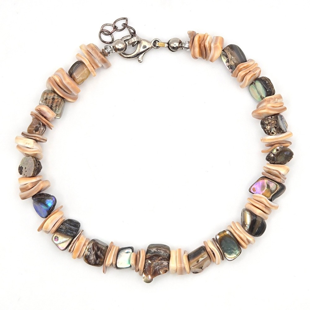Mother of Pearl Shell Chip Abalone Beaded Bracelet‎ Silver Tone Lobster Clasp